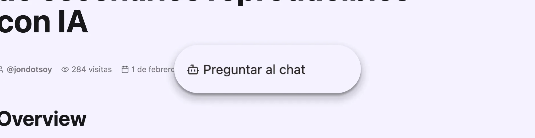 Botón "Preguntar al chat" destacado en un artículo de blog, mostrando metadatos como autor, visitas y fecha de publicación