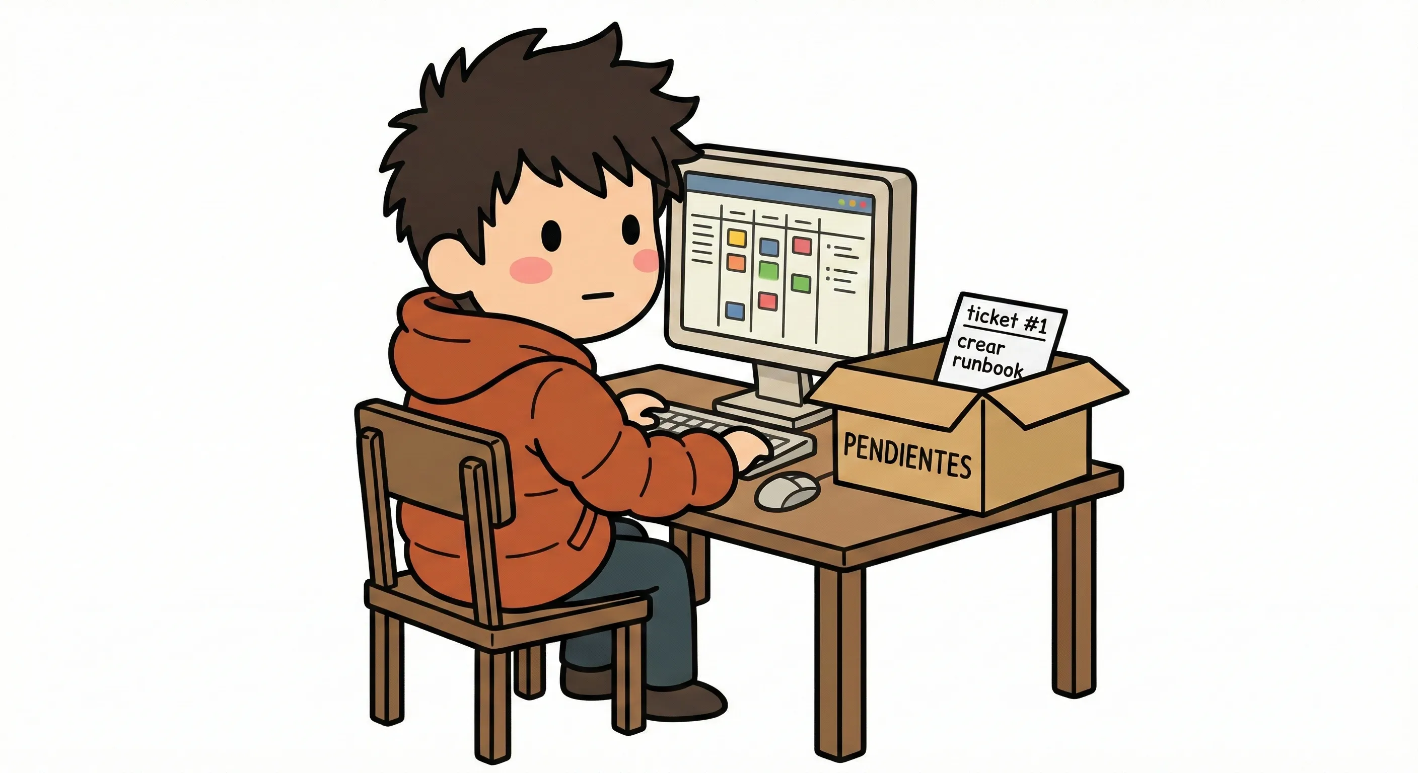 Desarrollador frente a un tablero de tareas con tickets pendientes para crear runbooks