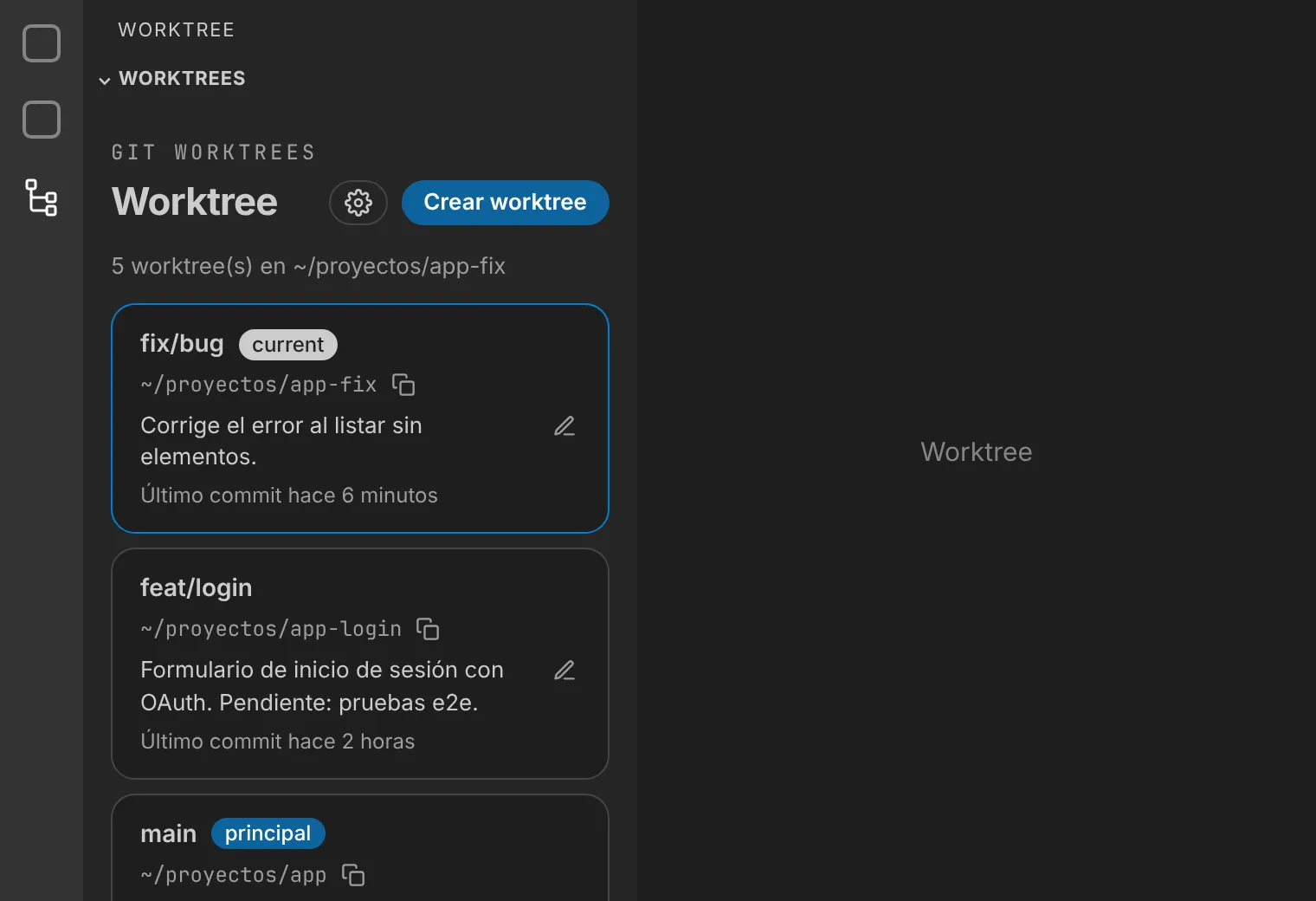 Vista de la extensión Worktree en VS Code