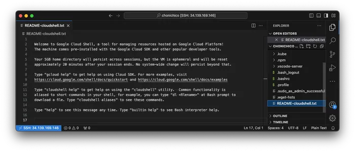 Visual Studio Code connected with Google Cloud Shell