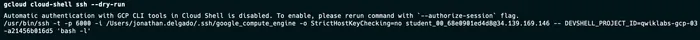Captura salida de consola ejecutando el commando gcloud cloud-shell ssh --dry-run