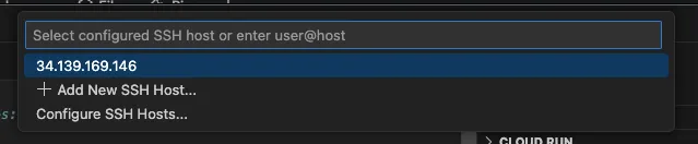 Visual Studio Code select host 34.139.168.146