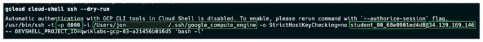 Captura salida de consola ejecutando el commando gcloud cloud-shell ssh --dry-run valores resaltado